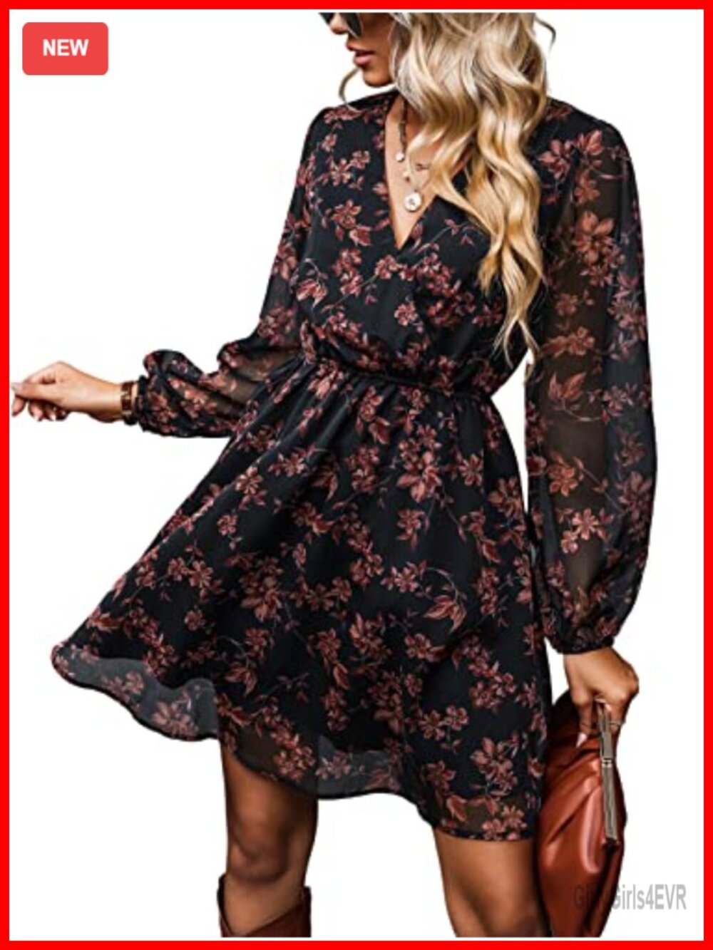 Long Sleeve Floral Mini Dress Chiffon A-Line V-Neck Casual Fall